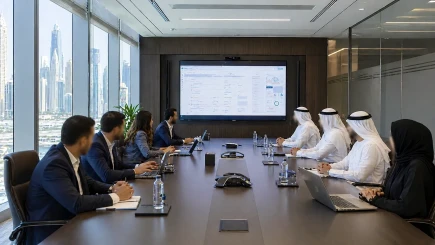 Technology vendor presenting to a UAE client team in a boardroom, representing the vendor selection stage where most UAE ERP and enterprise technology procurement decisions are made on proposal quality rather than delivery evidence.